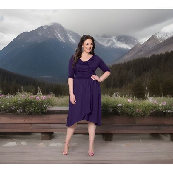 Kiyonna Dress Purple Draped In Class Cowl Neck Tulip Hem Empire Waist Size 10-12 - Picture 1 of 9